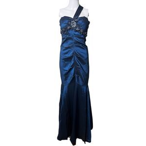 XSCAPE One Shoulder Ruched Full Length Formal Dress Dark Blue Size 10